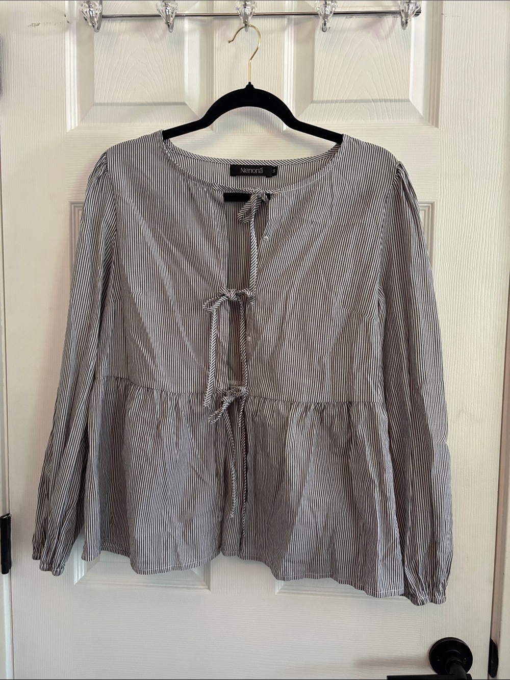 Striped Tie-Front Peplum Blouse — Black & White